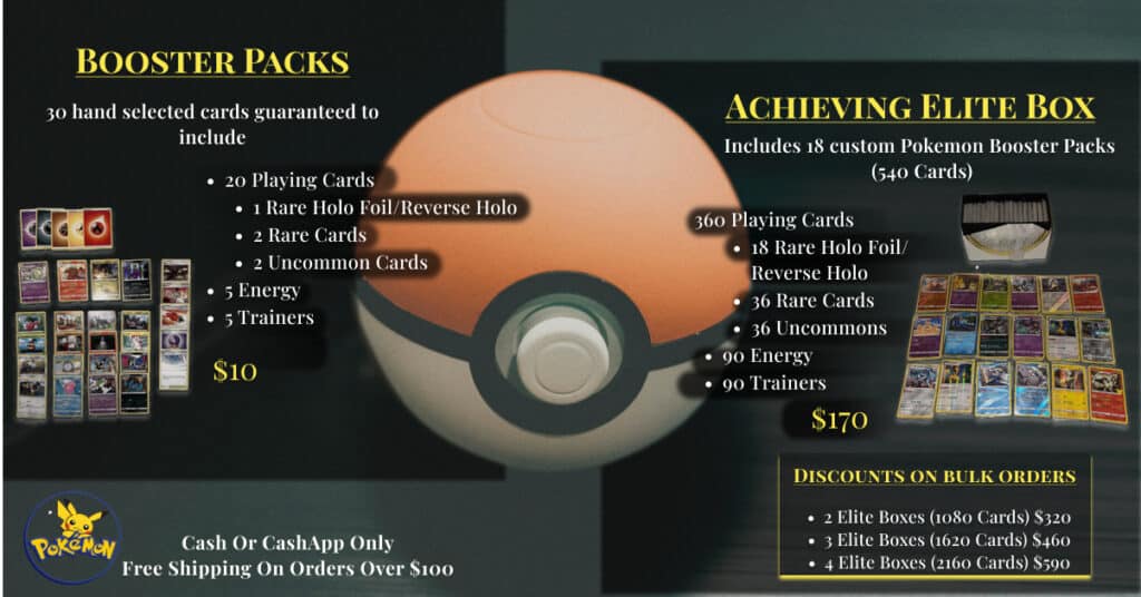 Facebook post for Pokemon card seller containing product information. There are two set of cards on each side of the screen with a large pokeball coming through the text.