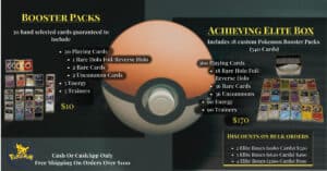 Facebook post for Pokemon card seller containing product information. There are two set of cards on each side of the screen with a large pokeball coming through the text.