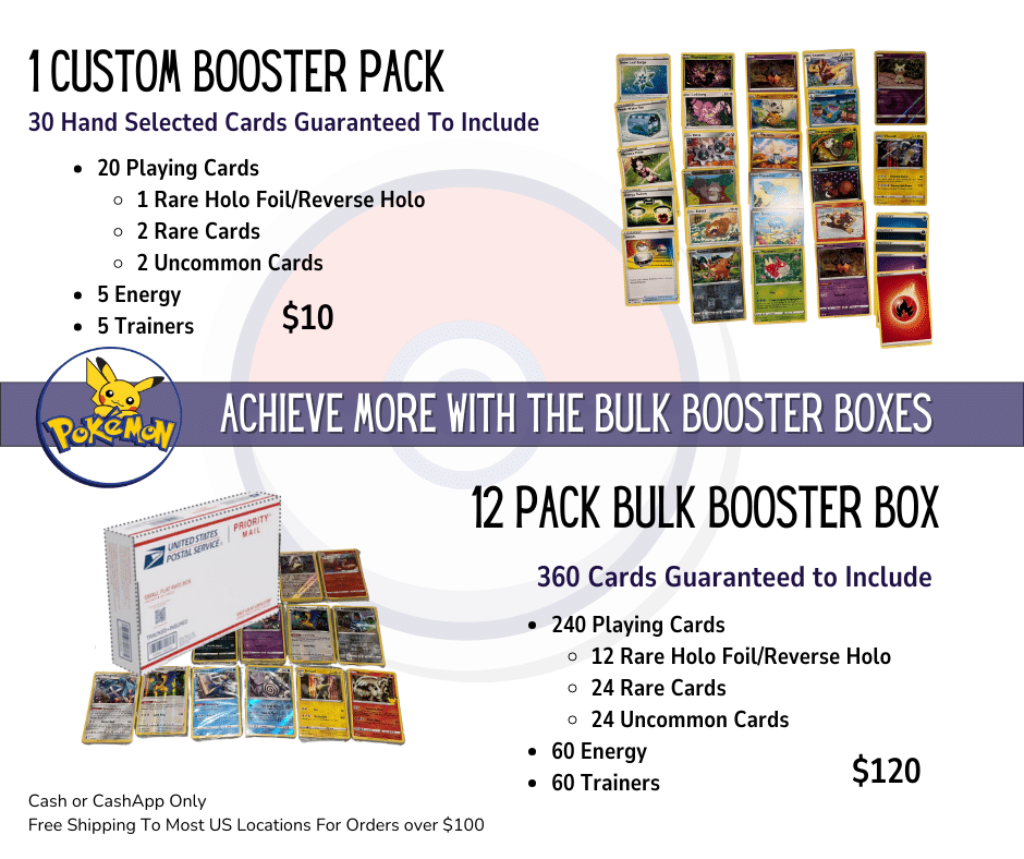 Bright facebook advertisement for a Pokemon Card seller. The top and bottom show different packs next to a description of the cards it contains.